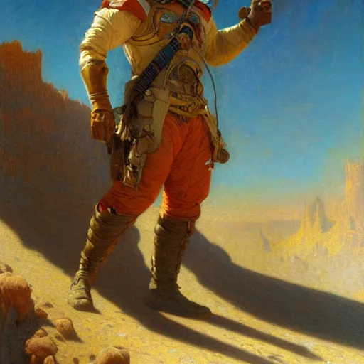 Image similar to handsome man adventurer standing on mars, epic scale, artstation, vast, oil painting, gaston bussiere, mucha, gerome,