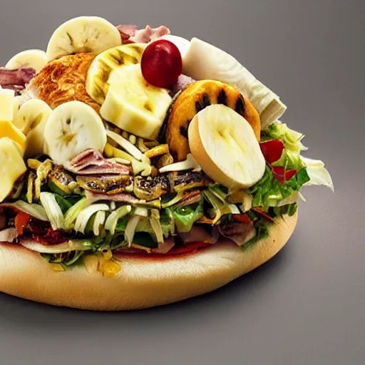 Image similar to a amazing new surrealist hybrid of a pope salad by giuseppe arcimboldo and kandinskali, melting cheese, steamed buns, grilled artichoke, sliced banana, the pope, salami, milk duds, licorice allsort filling