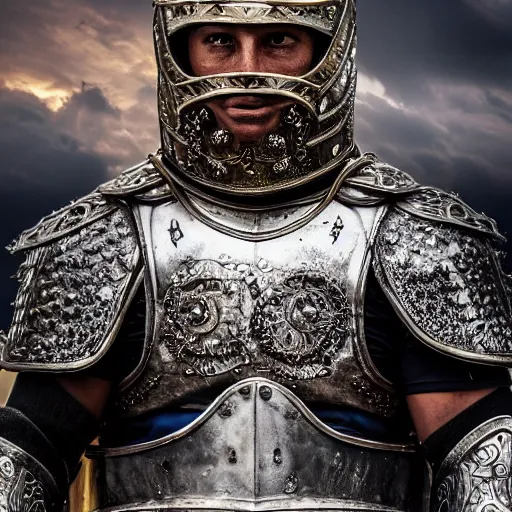 Image similar to portrait of cristano ronaldo wearing heavy shiny armor, gladiator style, clouded, detailed, intricate, realistic, hdr, 8 k