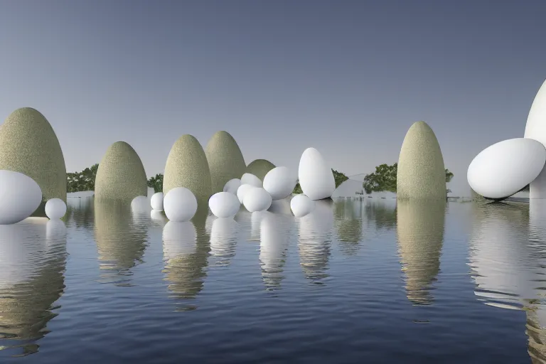 Prompt: 2 0 white round soft egg shaped buildings intersect up and down to form a post - modern building by pierre bernard, on the calm lake, people's perspective, future, interior wood, dusk, unreal engine highly rendered, global illumination, radial light, internal environment