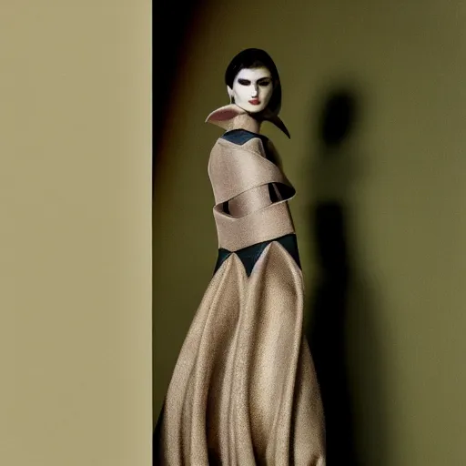 Image similar to a model dressed in an avant garde muted color haute couture dress, angular minimalism, vogue full color editorial photo, sharp focus dynamic light