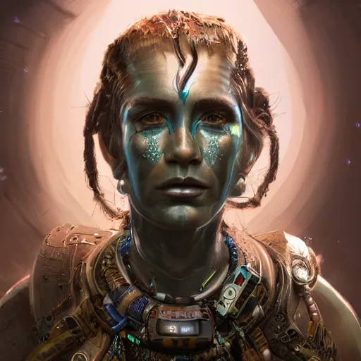 Image similar to detailed portrait of a futuristic sci - fi shaman in an impressive scene. extremely detailed. beautiful lighting. trending on artstation.