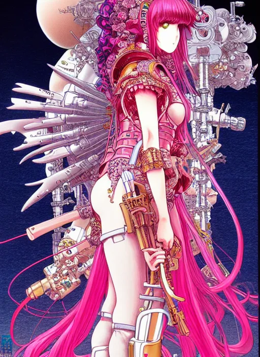 Prompt: highly detailed artstation katsuhiro otomo fluorescent fantastic fate manga poster of princess mechine, minaba hideo,, long hair, armor, laces, ruffles, 8 k, maximalist, art nouveau,