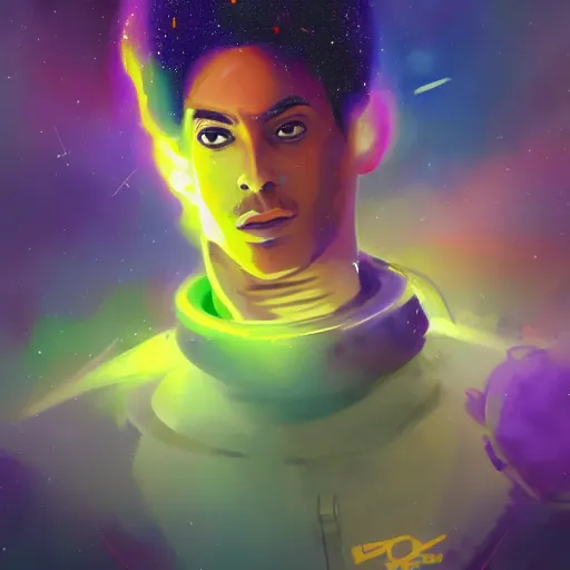 Prompt: a messy painting. Prince in space. Sci Fi colours. Trending on Artstation.