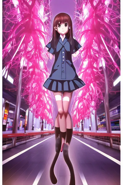 Prompt: 3d anime poster, realistic anime school girls stands on the subway station in tokyo, portrait, the palms come from the ground, rays of light breaking through the air, pink jellyfish everywhere, infrared camera, super detailed and realistic, center of frame, dramaticlly deep composition, pastel tones, center of the frame, redshift, octane, cinematic, hyper realism, high detail, octane render, 8k