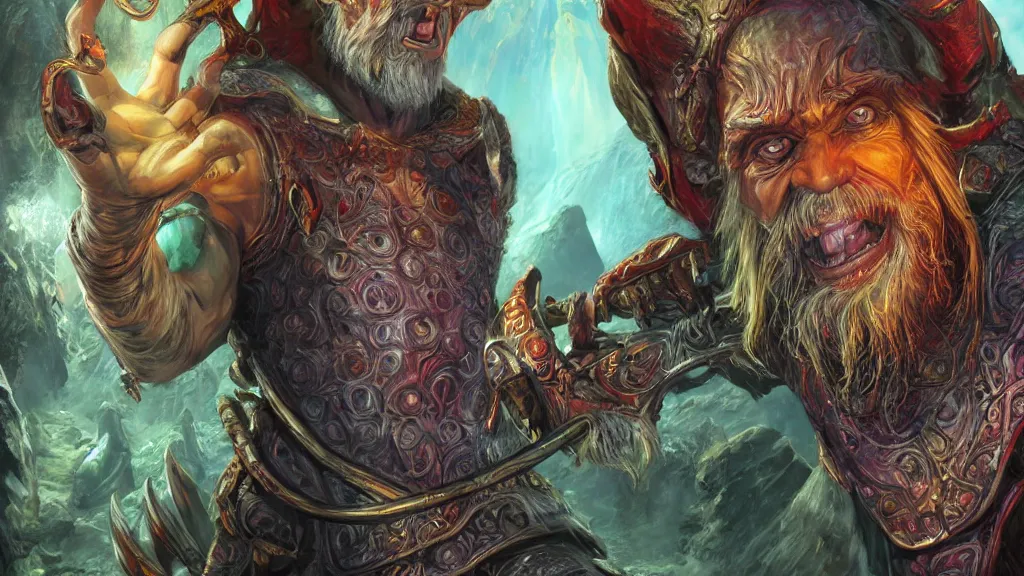 Prompt: bright, colorful, realistic, detailed from Elder Scrolls: Shivering isles concept art of The Mad God Sheogorath with a madsmile backlighting, kodachrome, high contrast, highly detailed, sharp focus, digital painting, concept art, illustration, trending on artstation, comic book by Alex Ross and Adam Adamowicz cover art
