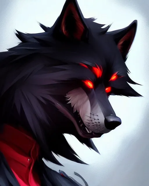 Image similar to character concept art of a black anthropomorphic furry male wolf with red hair | | handsome - fine - face, pretty face, key visual, realistic shaded perfect face, fine details by stanley artgerm lau, wlop, rossdraws, james jean, andrei riabovitchev, marc simonetti, and sakimichan, trending on artstation