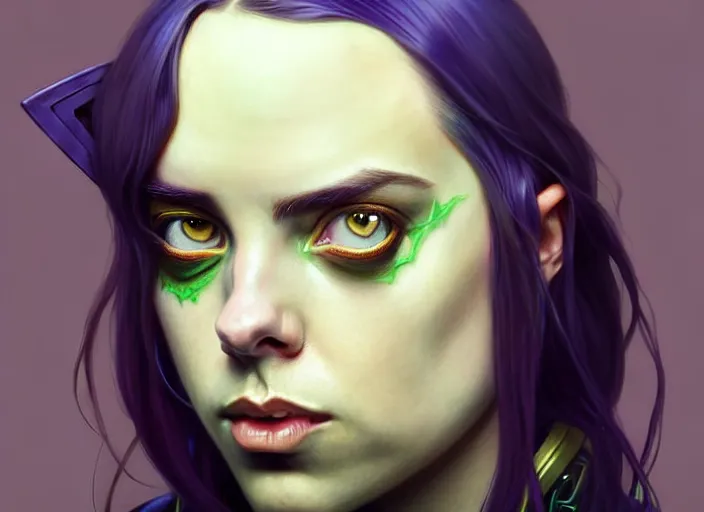 Image similar to Billie Eilish as Female Loki, very detailed, digital art, trending on artstation, concept art, smooth, illustration, art by artgerm and greg rutkowski and alphonse mucha and J. C. Leyendecker and Edmund Blair Leighton and Katsuhiro Otomo and Geof Darrow and Phil hale and Ashley wood