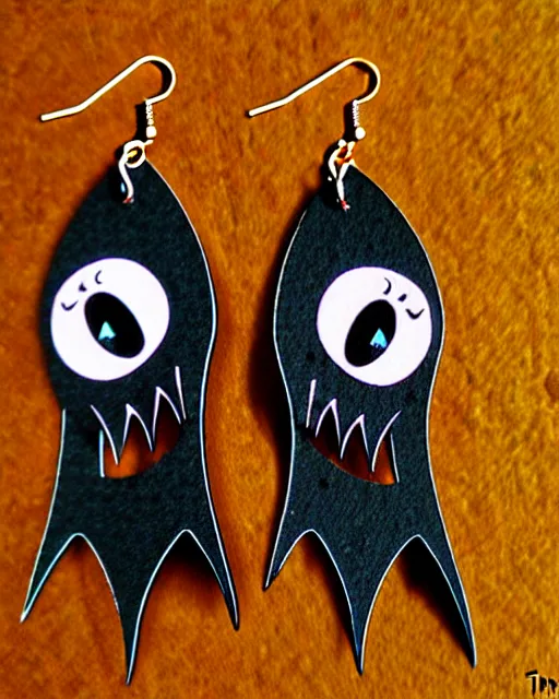 Image similar to spooky cartoon bat, 2 d lasercut earrings, in the style of tim burton