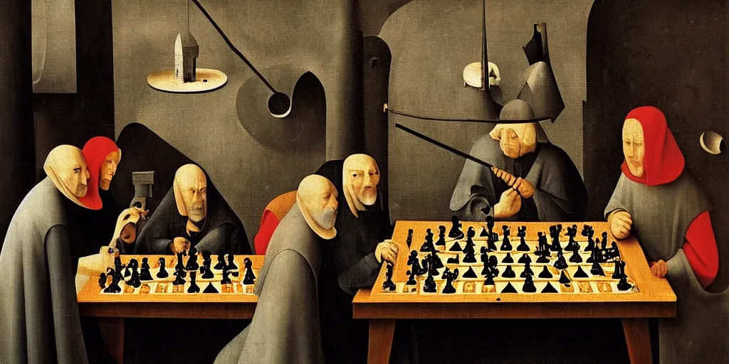 Prompt: “chess players by Hieronymous Bosch, trending on artstation, 8k, highly detailed”