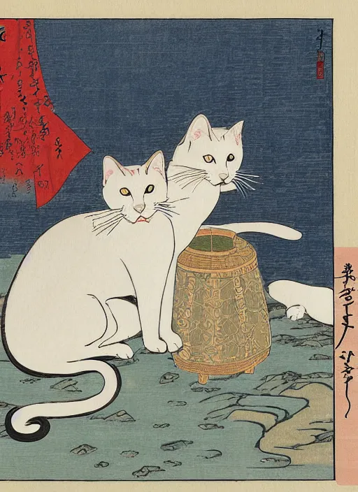 Image similar to whitecat with 2 baby white cats of utagawa hiroshige, digital painting 4 k uhd image, highly detailed