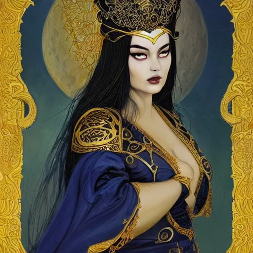Prompt: painting of junoesque plus size priestess of the moon, golden filigree armor and tiara, hand raised, moon above head, dark blue straight hair, smooth translucent skin, wide striking eyes, beautiful! coherent! by brom, by brian froud, strong line, high contrast, muted color, 4 k, trending on artstation