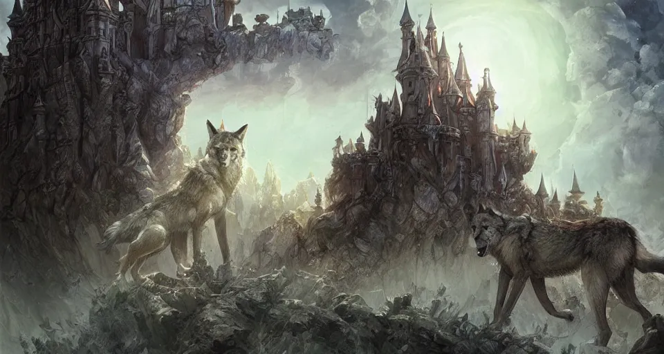 Prompt: wolves and their treasures - fantasy castle in astral landscape, trending on artstation, illustration, digital painting, highly detailed render by studio ghibli, james gurney, and ashley wood dramatic lighting