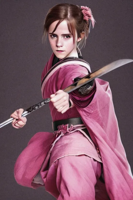 Image similar to highly detailed beautiful photo of emma watson as a young female samurai, practising sword stances, symmetrical face, beautiful eyes, pink hair, realistic anime art style, 8 k, award winning photo, pastels colours, action photography, 1 / 1 2 5 shutter speed, sunrise lighting