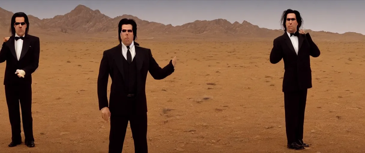 Image similar to accidentally wes anderson award - john travolta as vincent vega suprised gesture nobody there ghost town tumbleweed bushes on ground shrugging hand at waist level. standing in black suit high noon golden ratio, 4 k, detailed, art by greg rutkowsky, trending on artstation, cinematic lighting, filmic grain, golden hour, detailed, 4 k