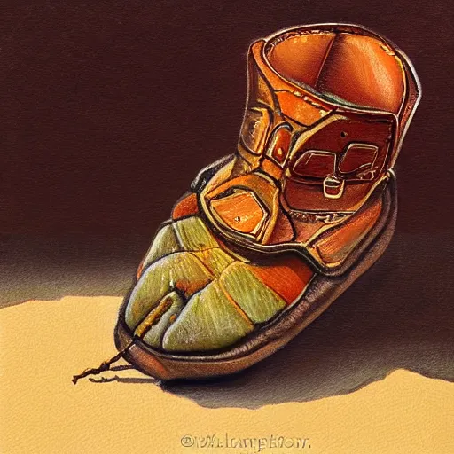Prompt: painting of a beetle flying into a leather boot, fantasy art