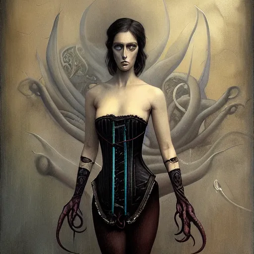 Image similar to by Tom Bagshaw, ultra realist soft painting of lovecraft and giger world of curiosities, single female in a corset, tentacles, partial symmetry accurate features, very intricate details, focus, curvy, award winning, ultra dense fog