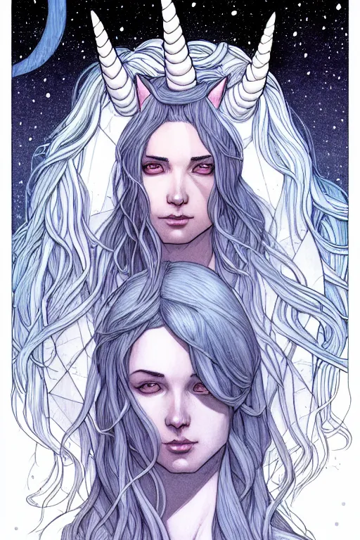 Image similar to comic cover art portrait of a unicorn in a moonlit winter forest, dnd, high fantasy digital illustration, by jenny frison and sana takeda, intricate details, stunning inking lines, flat colors, 4 k, hd, artstation