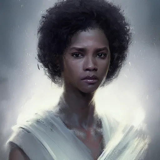 Image similar to portrait of a woman by greg rutkowski, youn jedi knight, black, afro hair, prettt, star wars expanded universe, she is about 2 0 years old, wearing jedi robes, highly detailed portrait, digital painting, artstation, concept art, smooth, sharp foccus ilustration, artstation hq