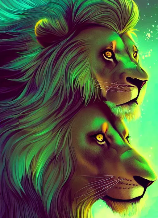 Prompt: award winning beautiful portrait commission of a male furry anthro lion swimming in a beautiful neon bioluminescent sea with beautiful attractive detailed furry face wearing swimmers. Character design by charlie bowater, ross tran, artgerm, and makoto shinkai, detailed, inked, western comic book art
