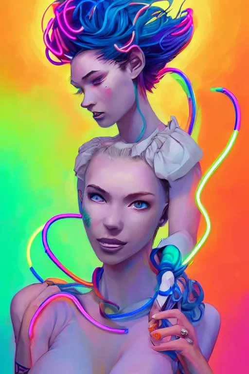 Image similar to a award winning portrait of a beautiful woman with stunning eyes in a one off shoulder croptop and cargo pants with rainbow colored hair, outlined by whirling illuminated neon lines and fine lines swirling in circles by jesper ejsing and rhads and makoto and shinkai and lois van baarle, digital art, trending on artstation