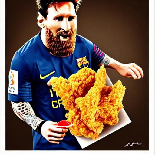 Image similar to lionel messi with a majestic beard eating a kfc zinger by affandi