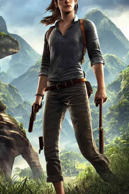 Image similar to Emma Watson in Uncharted 4. 3D Render