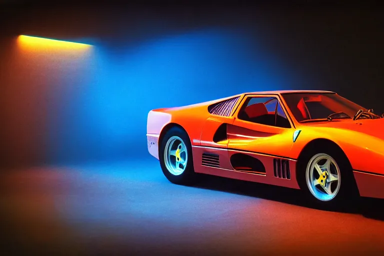 Prompt: stylized poser of a single 1985 Ferrari GTO, neon lights, ektachrome photograph, volumetric lighting, f8 aperture, cinematic Eastman 5384 film