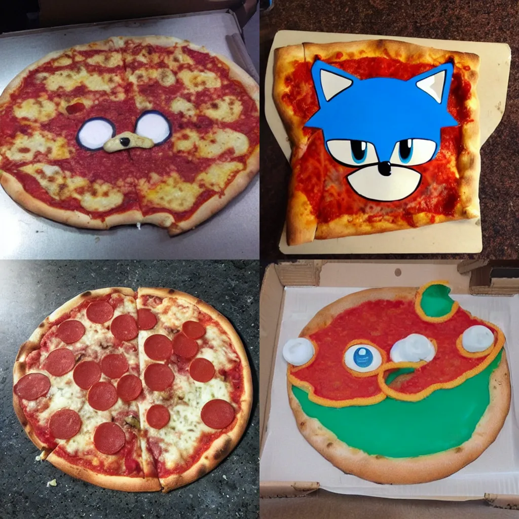 Prompt: a photo of a pizza in the shape of sonic the hedgehog, a pizza imitating sonic the hedgehog
