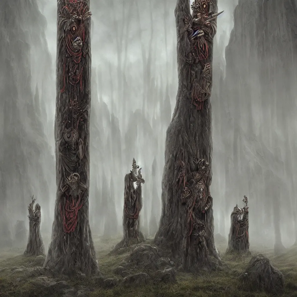 Prompt: evil druids having a ritual, single wooden totem of lord, a detailed matte painting, fantasy, foggy