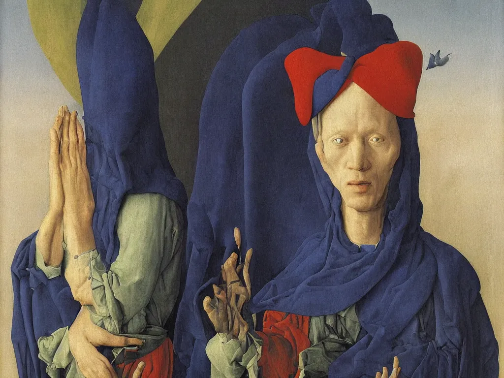 Image similar to Portrait of albino mystic with blue eyes, with cross. Painting by Jan van Eyck, Audubon, Rene Magritte, Agnes Pelton, Max Ernst, Walton Ford