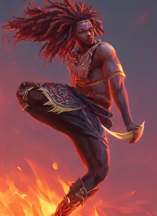 Image similar to a highly detailed illustration of attractive young african fire god with tall hair, heroic kicking pose, intricate, elegant, highly detailed, centered, digital painting, artstation, concept art, smooth, sharp focus, league of legends concept art, wlop