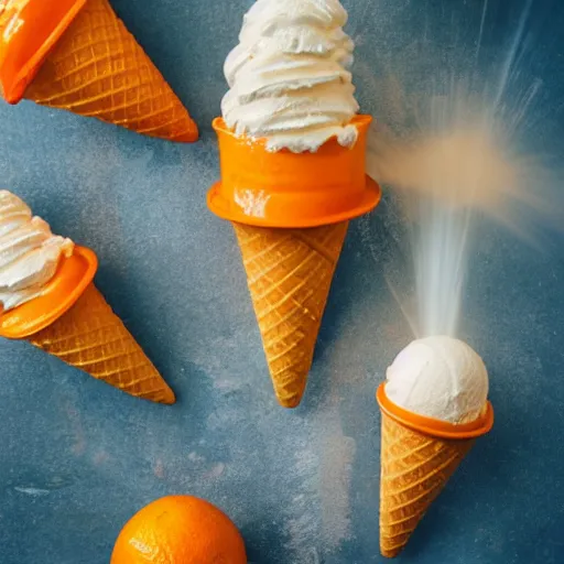 Prompt: photo of an orange ice cream cone firing its retrorockets