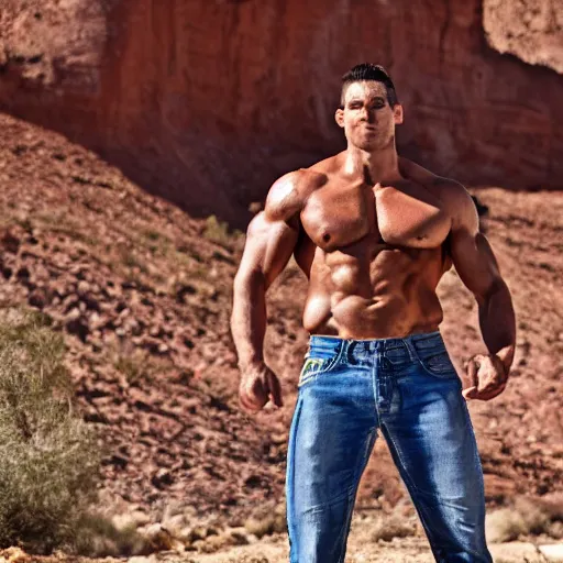 Image similar to a muscular man in a desert looking at the camera