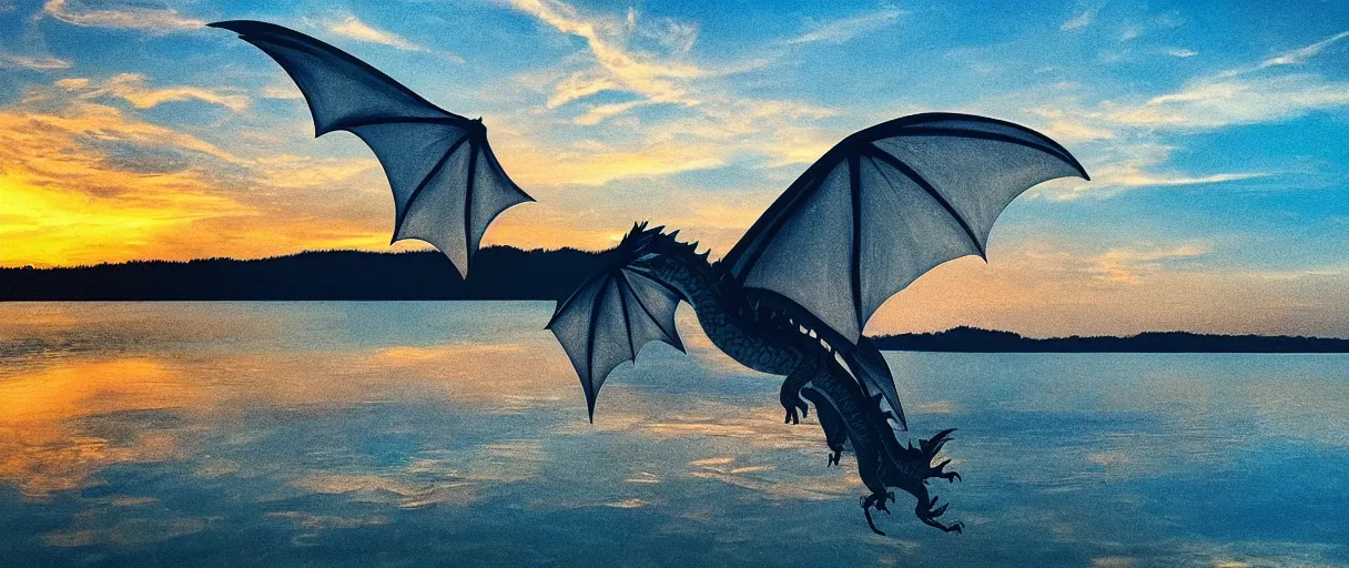 Image similar to dragon flying over a lake, silver scales, sunset, colorfull