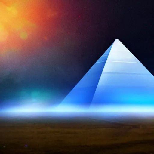 Prompt: big pyramid with blue glow lights and huge spaceship in sky, fog in background, cinematic looking, drama, scary