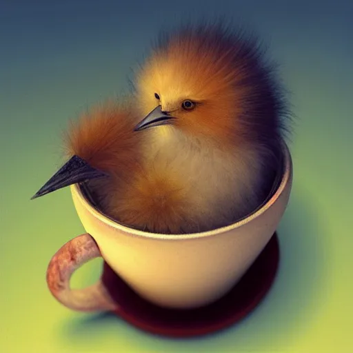 Image similar to long shot of a cute fluffy furry chick nesting in a antique coffee cup, by esao andrews, by m. w. kaluta, humorous illustration, hyperrealistic, tilt shift, warm colors, night scenery, low light, 3 d octane render, 4 k, volumetric lights, smooth, cosy atmosphere, conceptart, hyperdetailed, trending on deviantart