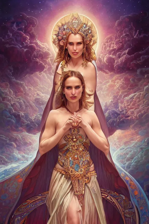 Prompt: Natalie Portman as a Goddess of the Universe, cute, fantasy, intricate, elegant, highly detailed, digital painting, 4k, HDR, concept art, smooth, sharp focus, illustration, art by artgerm and H R Giger and alphonse mucha