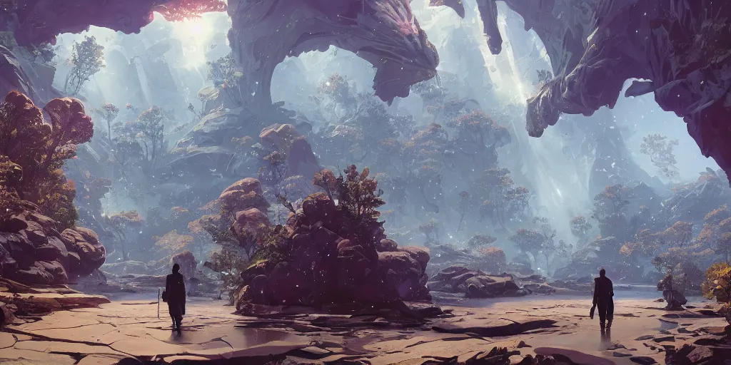 Image similar to a gleaming crystal archipelago in gta v, dry, salty, stephen bliss, unreal engine, illustration, fantasy art by greg rutkowski, loish, rhads, ferdinand knab, makoto shinkai and lois van baarle, ilya kuvshinov, rossdraws, tom bagshaw, global illumination, radiant light, detailed and intricate environment