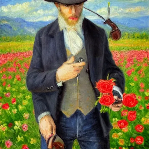 Image similar to an impressionist painting of a tall man with blue eyes that is wearing a wide brim hat and a leather vest. He is holding a revolver in his left hand and a rose is in his right hand. He is standing in a field of roses. He does not have facial hair.