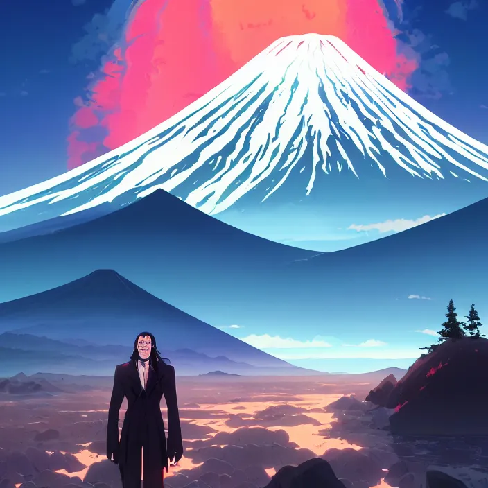 Image similar to portrait of the undertaker, mount fuji background, rich vivid colors, ambient lighting, dynamic lighting, 4 k, hq, official media, anime key visual, makoto shinkai, ilya kuvshinov, lois van baarle, rossdraws, detailed, trending on artstation