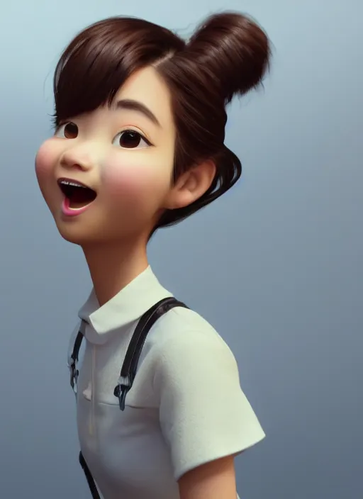 Prompt: a cute Asian girl singing, short stylish hair in the style of pixar animation, mid-shot, low angle view, 16mm lens, award winning, hyper detailed, studio lighting, artstation, octane renderer, unreal engine