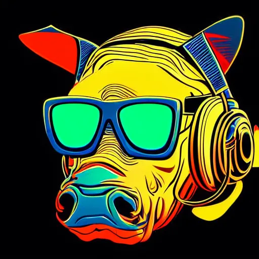 Image similar to a close up of a beautiful rhino wearing shades and headphones, in retro colors, synthwave style, 2 d digital vector art