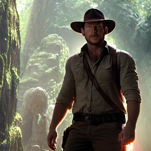 Image similar to stunning awe inspiring chris pratt as indiana jones, movie still 8 k hdr atmospheric lighting