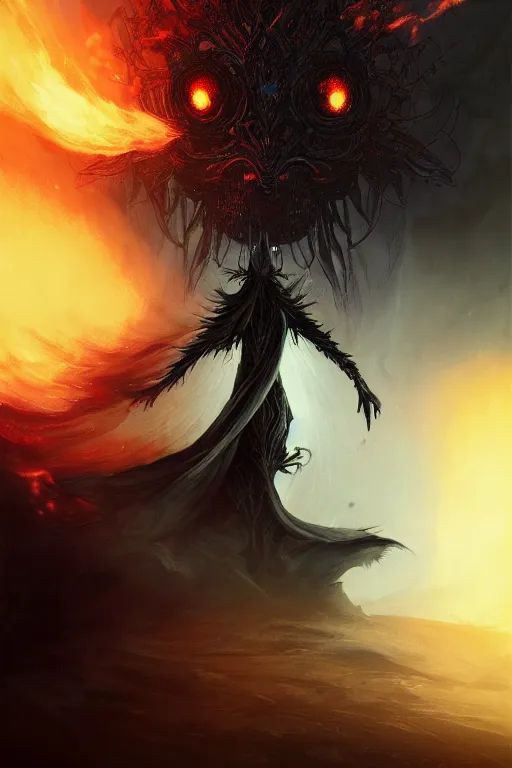 Image similar to Black Orb of Fire, digital art, fantasy, magic, trending on artstation, illustration by Seb McKinnon and Peter Mohrbacher, ultra detailed, atmospheric, powerful presence, bossfight, darksouls, grand finale, explosive entrance, final battle, cutscene, cinematic lighting, beautiful goddess, unleashing the power of the flame, burning pulse, close-up