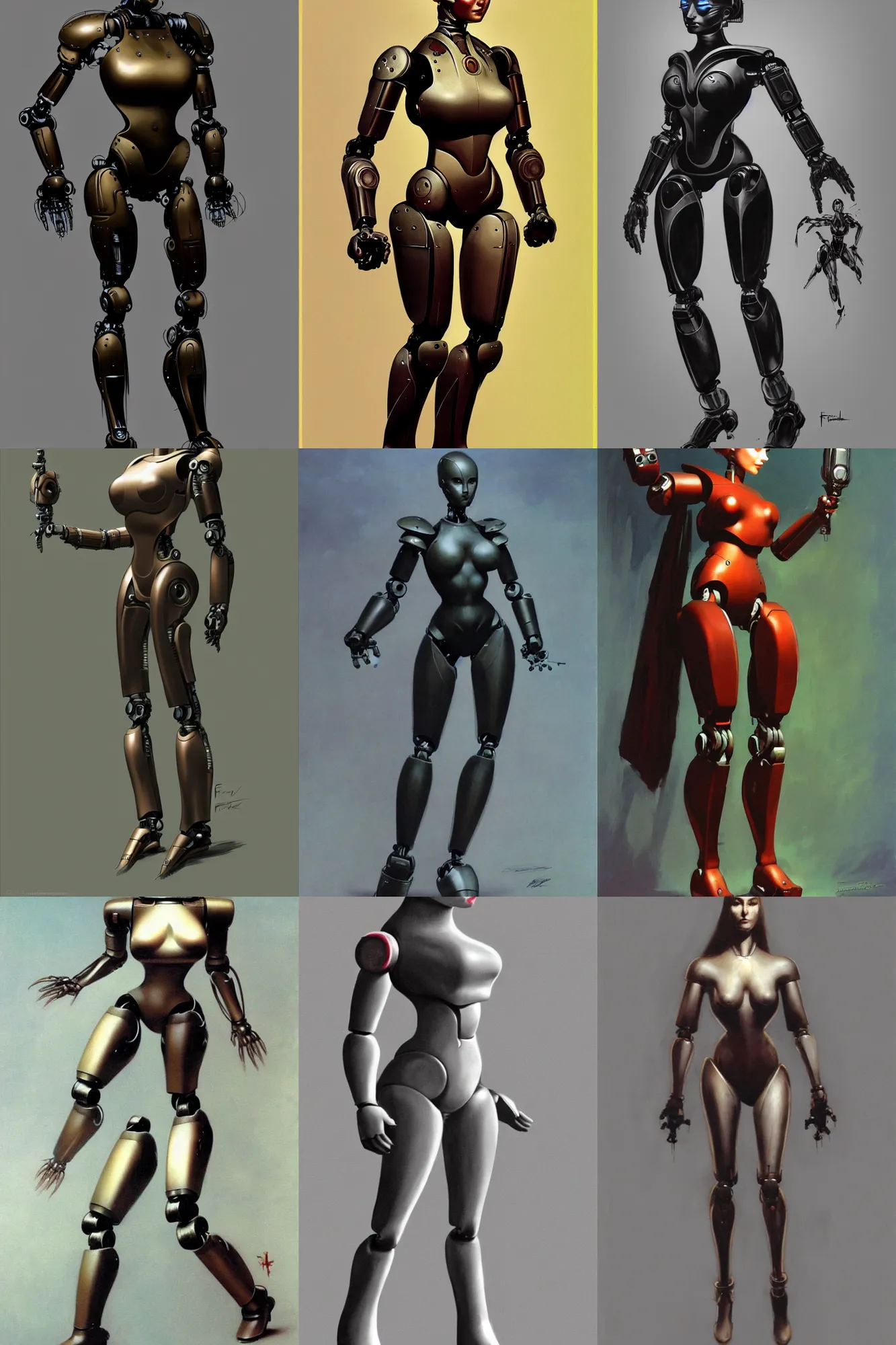 Prompt: female humanoid robot by Frank frazetta full body profile, trending on artstation, dramatic lightning