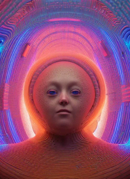 Image similar to a highly detailed vfx landscape of recursive speakers forming a 3 d head. 🔊 head. colorful amplitude and frequency wave visualisation. iridescent metamorphic synaesthesia. ornate, hyperrealistic, octane render, chiaroscuro, inspired by greg rutkowski, android jones, beeple, shaun tan, frostbite 3 rendered