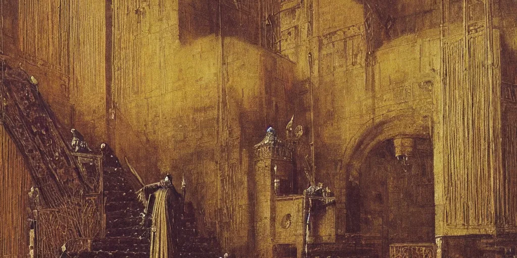 Image similar to a medieval king sitting on a golden throne led by stairs leaning on a shiny sword in a palace, light illuminating behind the throne, beksinski painting