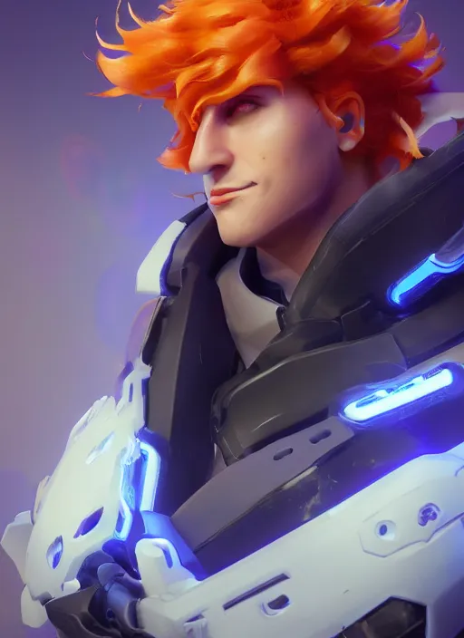 Image similar to glowwave portrait of curly orange hair man from overwatch, made of feathers mist and cloud, au naturel, hyper detailed, digital art, trending in artstation, cinematic lighting, studio quality, smooth render, unreal engine 5 rendered, octane rendered, art style by pixar dreamworks warner bros disney riot games and overwatch.