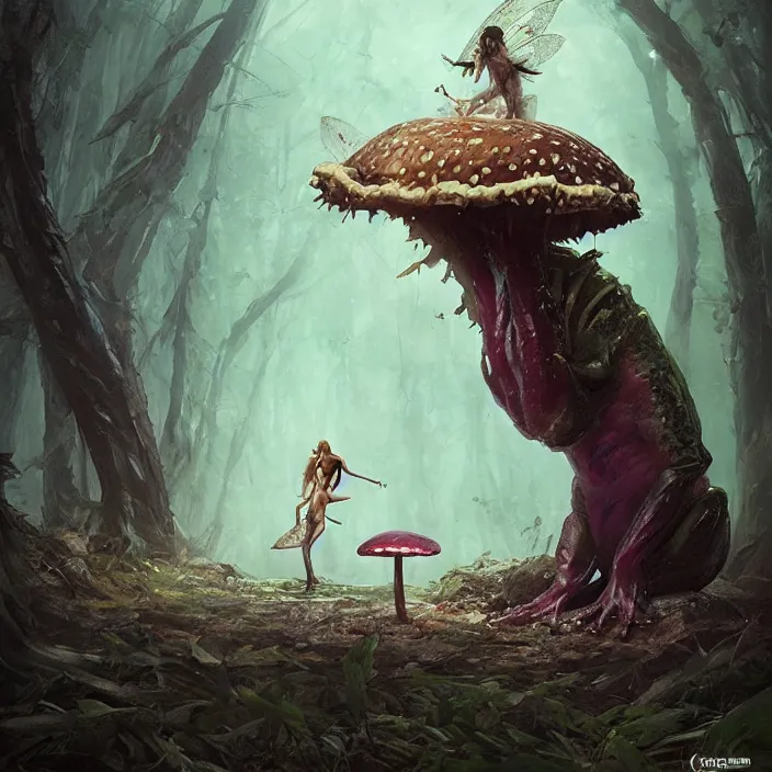 Prompt: Carnivore godlike scary fairy eating a frog alive , giant mushrooms , psychedel tint , Junji Ito and Greg rutkowski , masterpiece , trending on artstation